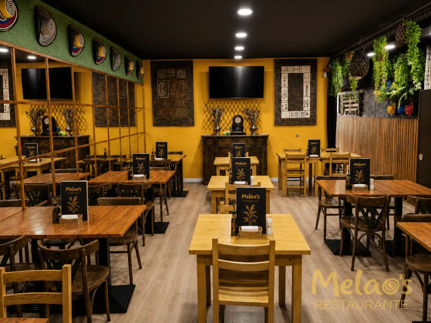 Comedor interior de Melao’s con mesas preparadas y plantas colgantes